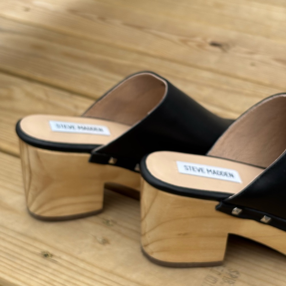 Steve Madden Black Brooklyn Clogs Mules Slides Boho Chic wooden bottom Size 8 - Picture 5 of 10